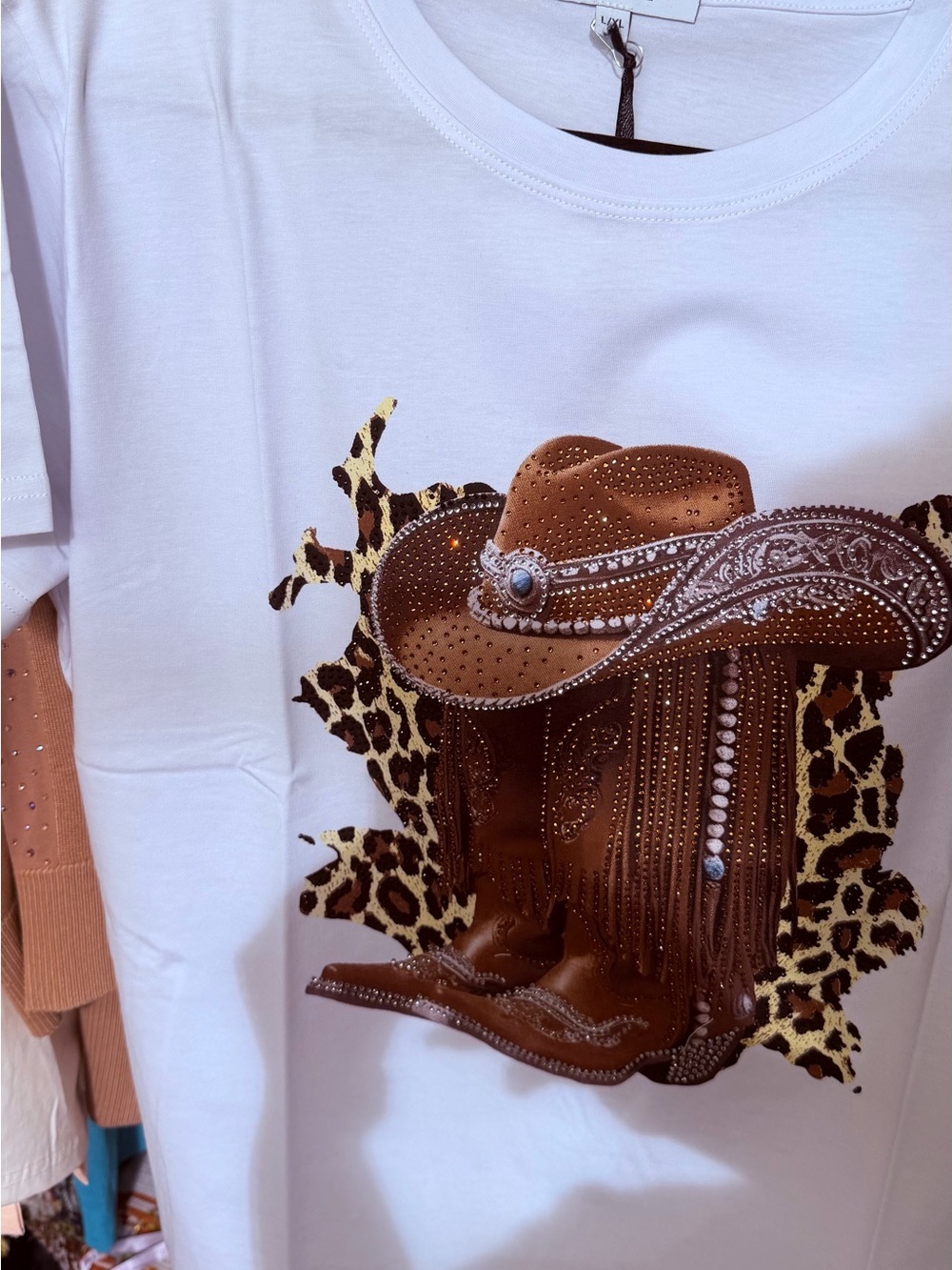 Source Unknown White Tee with Brown Cowboy Hat, Brown Boots & Leopard Accent